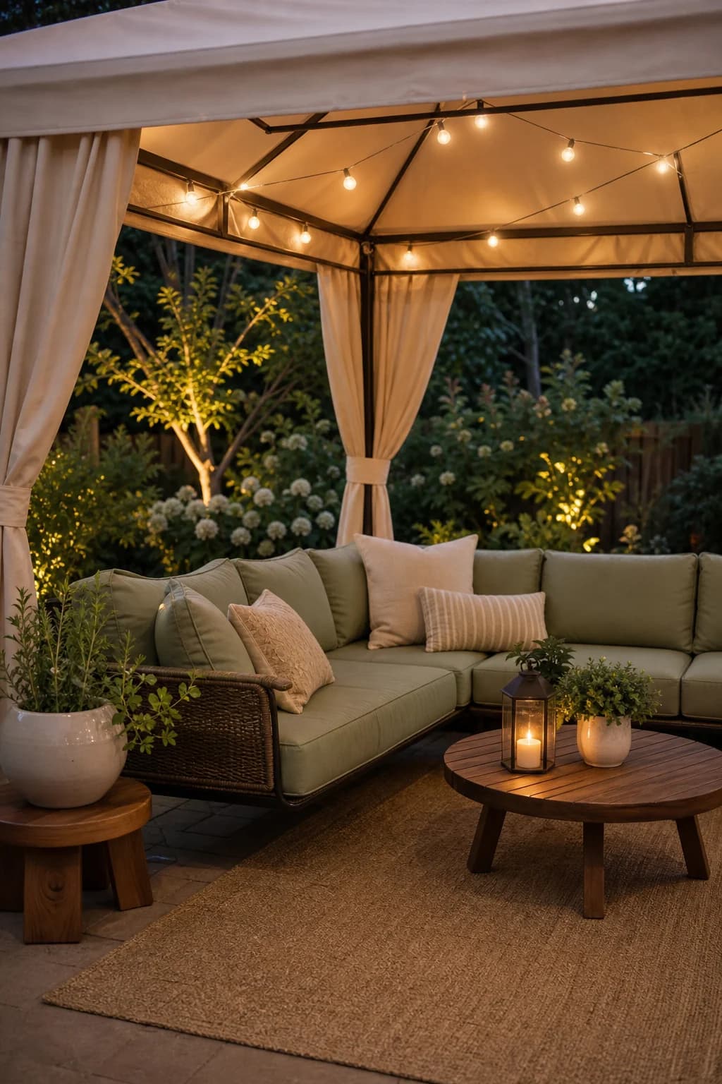Lounge set under a garden canopy at dusk